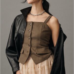 Flat White Plaid Button Down Vest Top - Tailored Square Neck - Size M